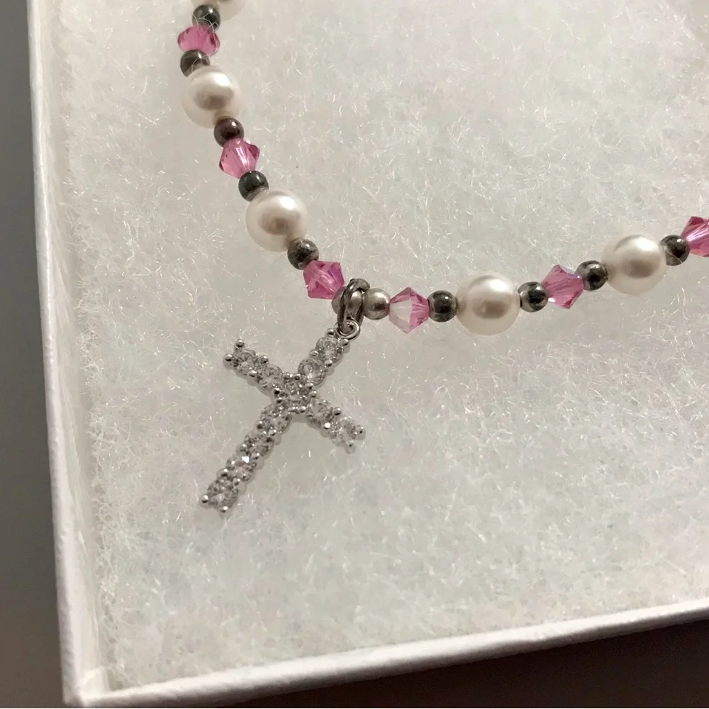 First Communion / Flower Girl Rhinestone Pearl Cross Pendant Necklace